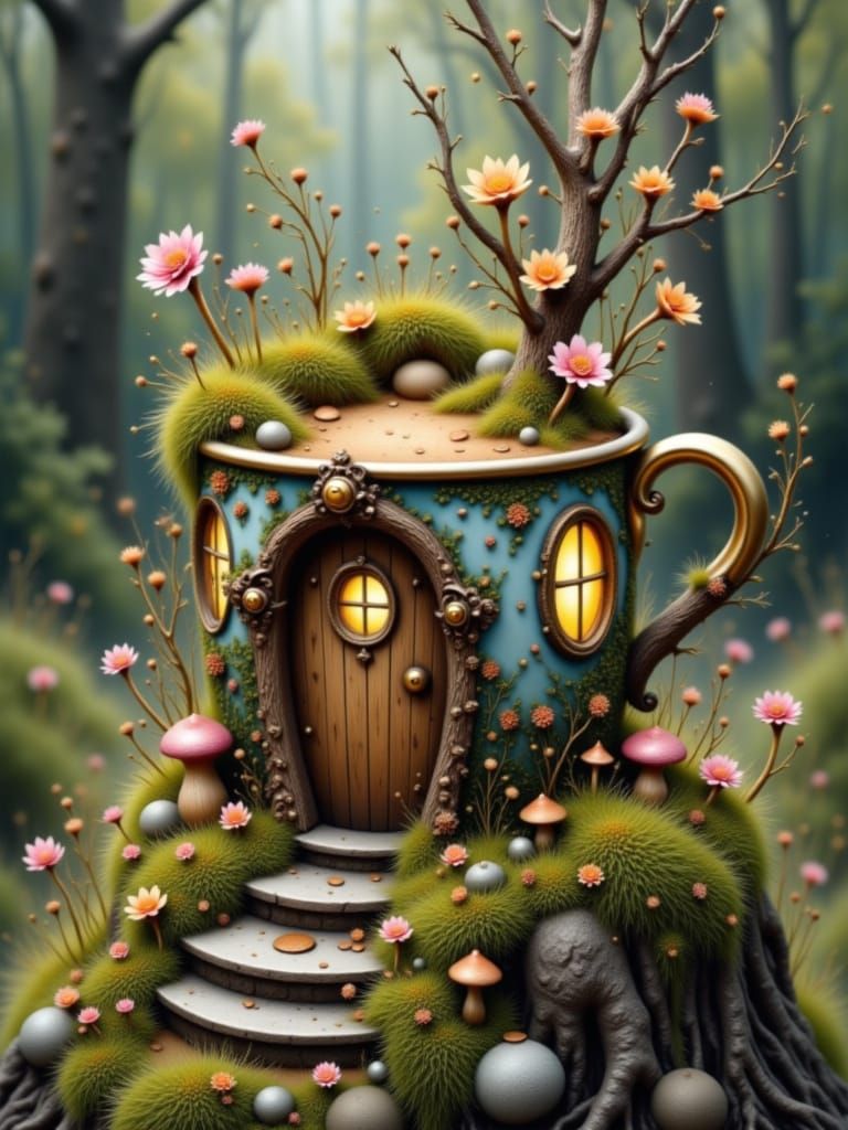 Enchanting Teacup Fairy House in Sun-Dappled Forest