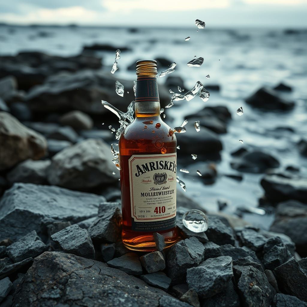 Dystopian Whiskey Bottles Smashed on Rocks
