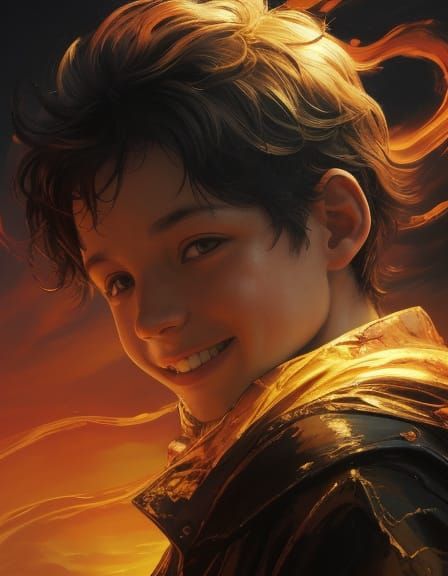 Smiling Boy in Golden Light: Surrealist Oil Painting
