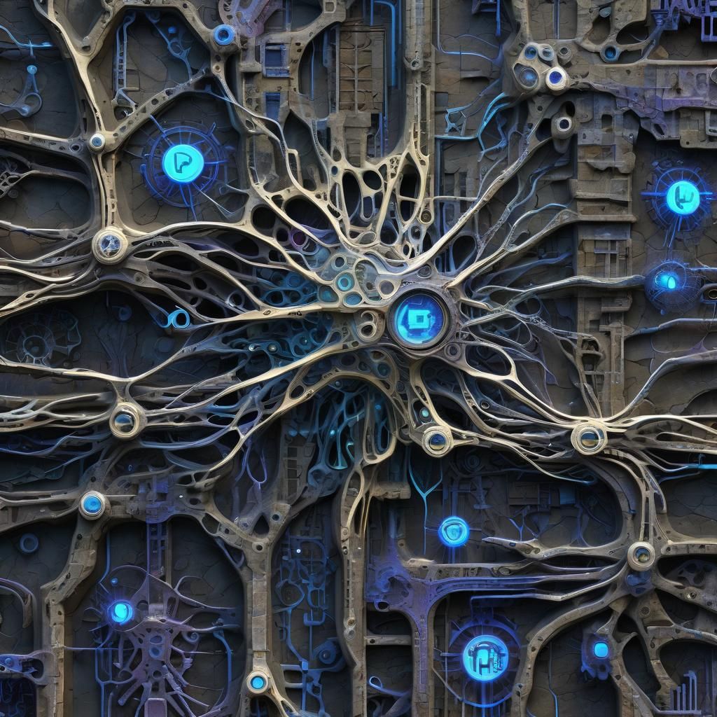 Glowing Neural Network on Stone Wall, Surrealist Art