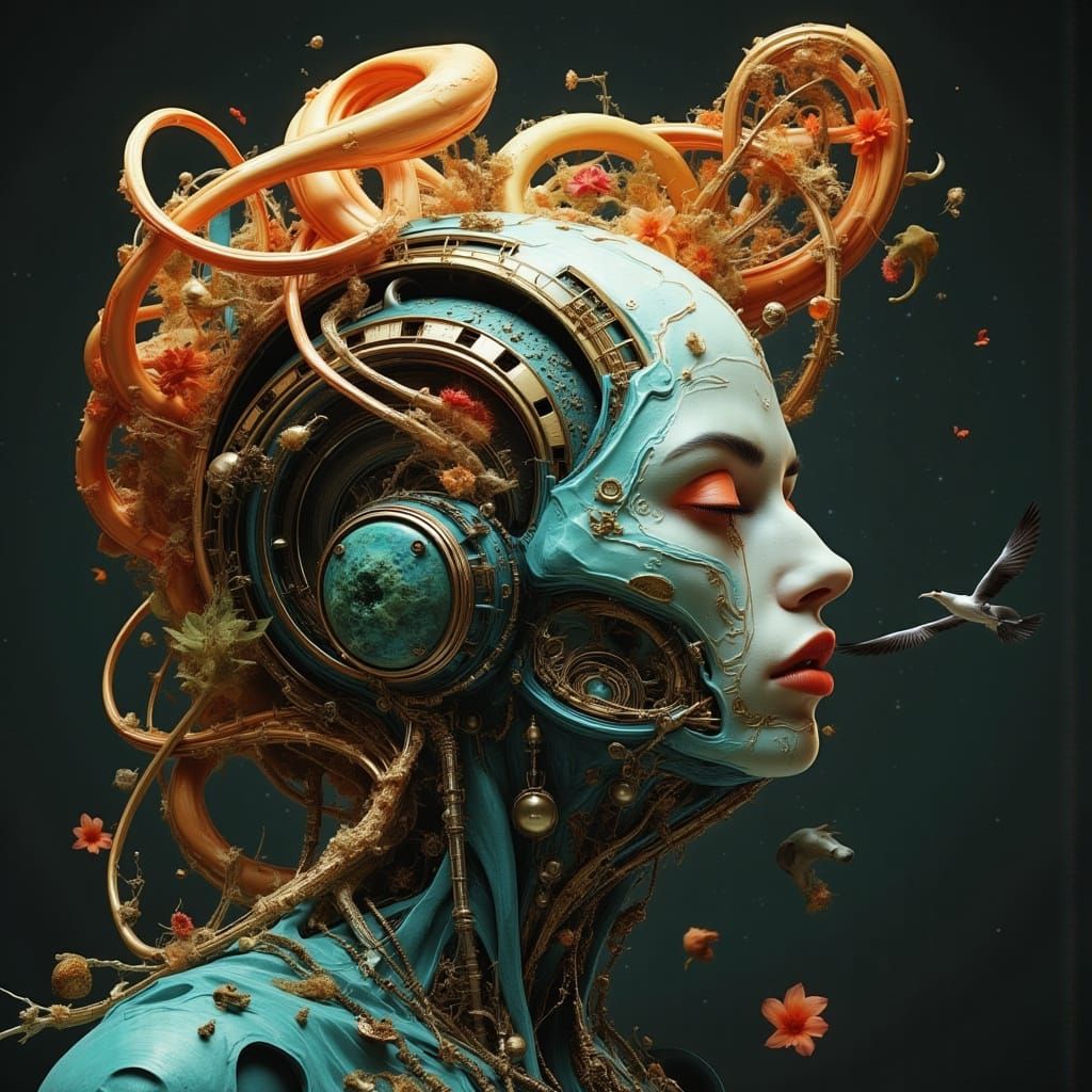 Baroque Cyber Noir Female Cyborg with Tentacle Hair