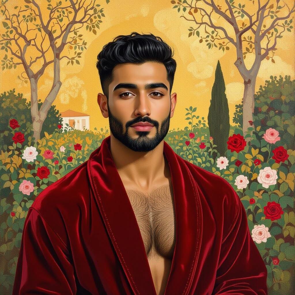 Pensive Man in Red Velvet Robe, Klimt Style