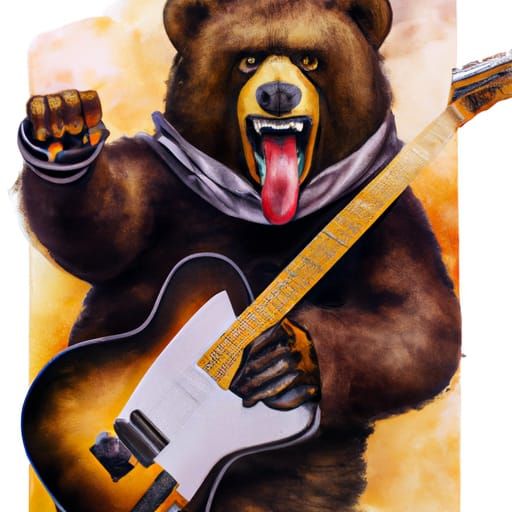 Mean Rockstar Bear Plays Guitar, Watercolor Oil Painting