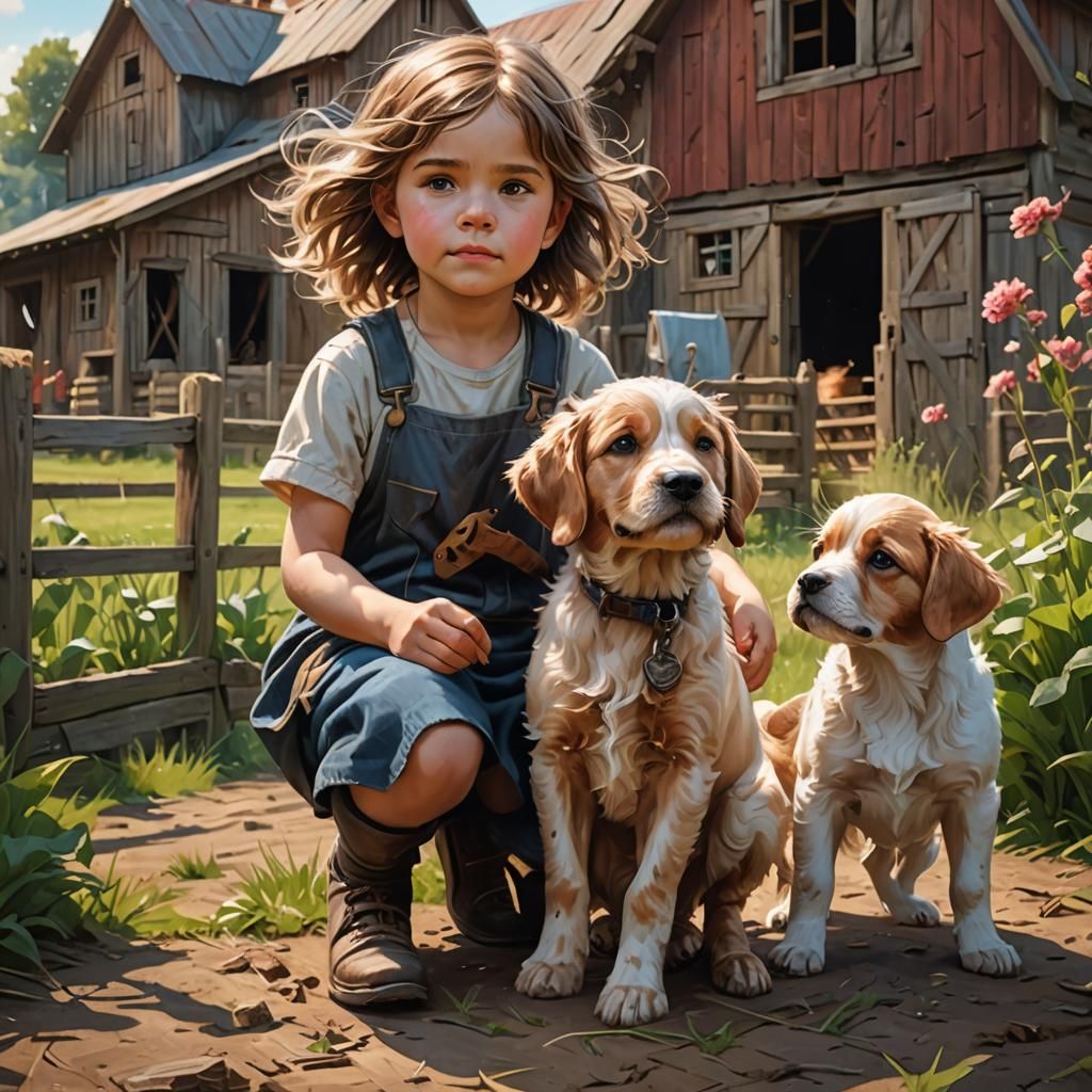 Child and Puppy Play on Farm, Detailed Art