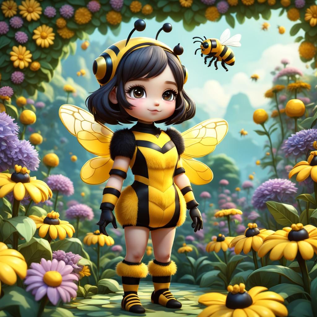 Adorable Chibi Girl in Bumblebee Costume in 3D Garden