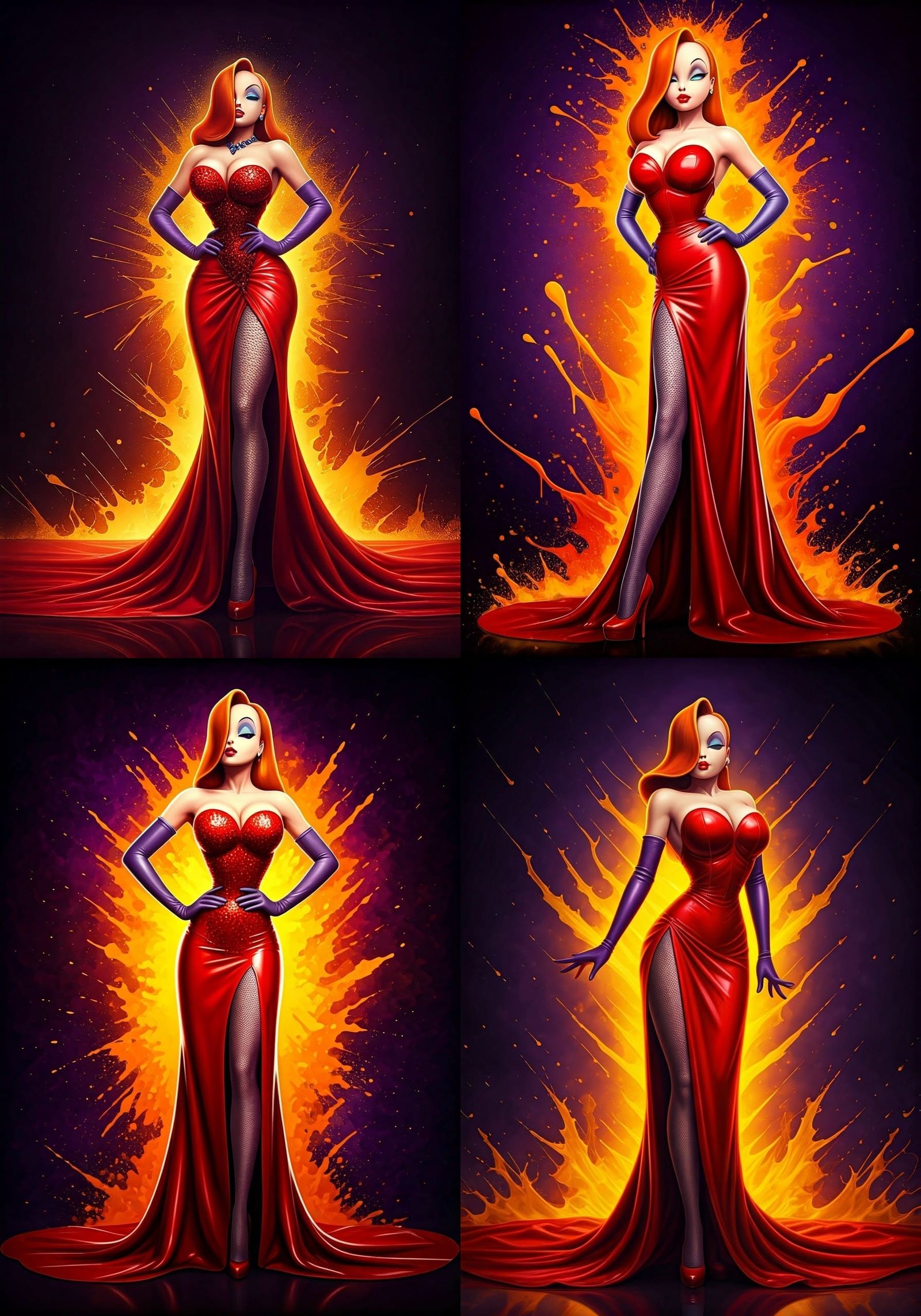 Cartoon, Jessica Rabbit, in red long latex gown, red extremely stiletto high heels