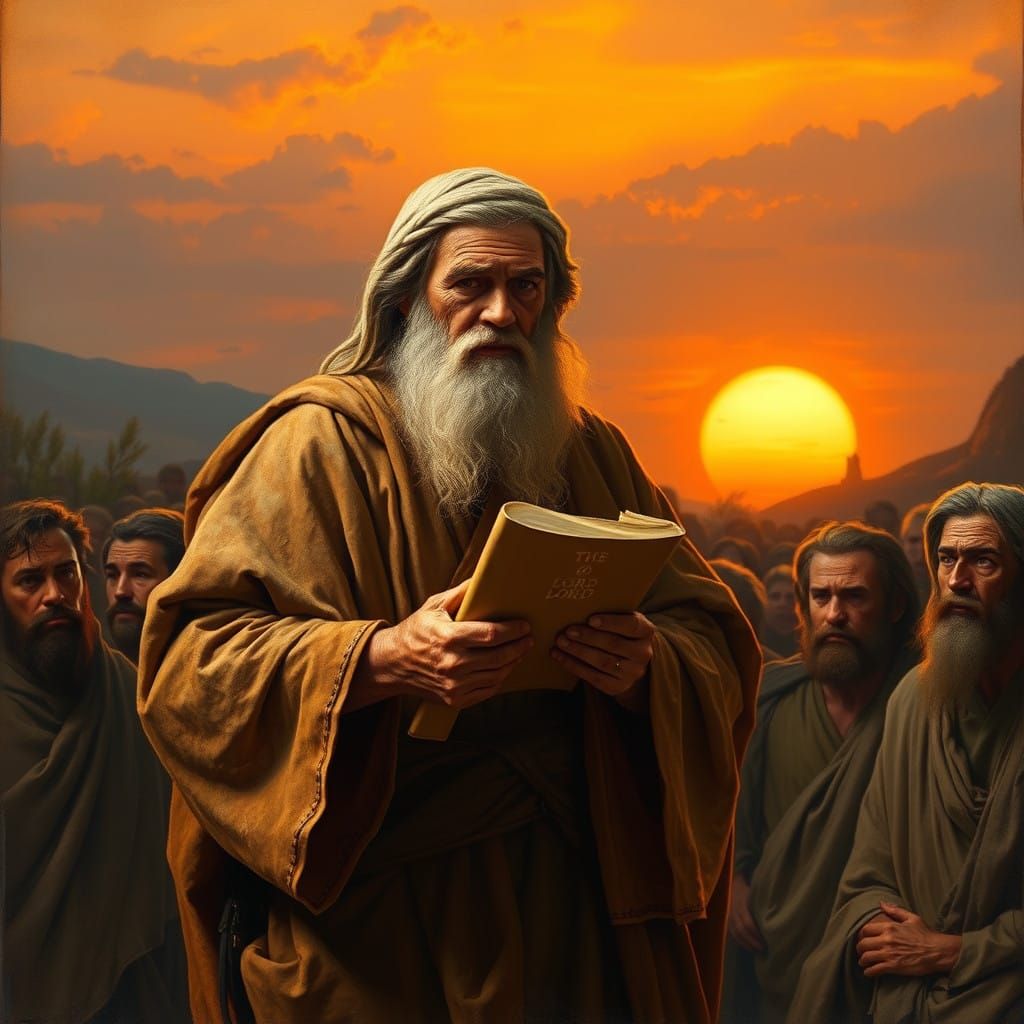 Aged Leader Moses Addresses Israelites in Golden Light