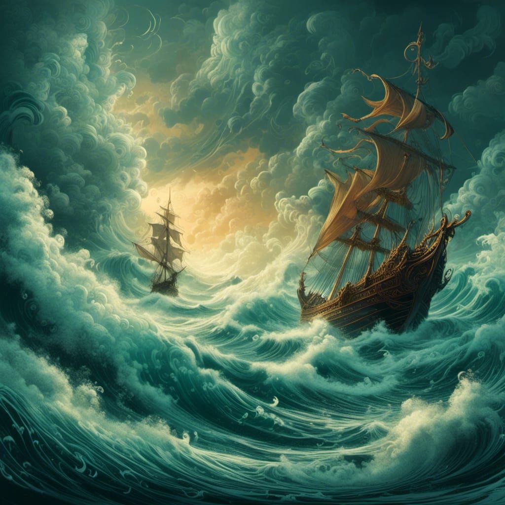 Elven Ship Battles a Stormy Sea