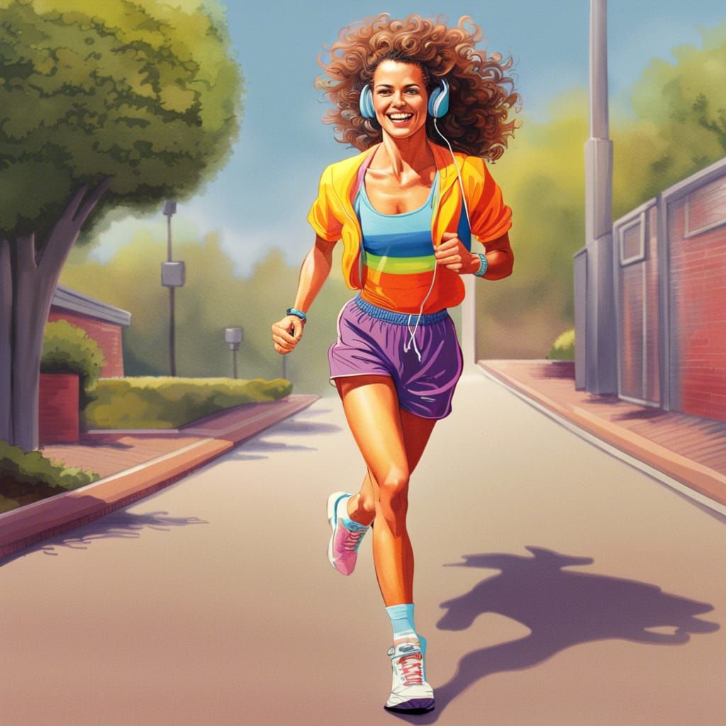 Smiling 80s Woman Running with Walkman