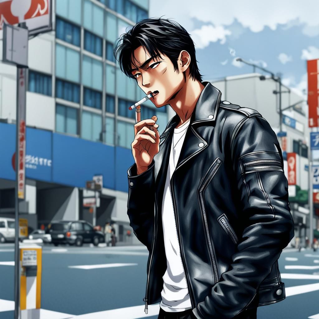 Cool Guy Smoking in Anime Style