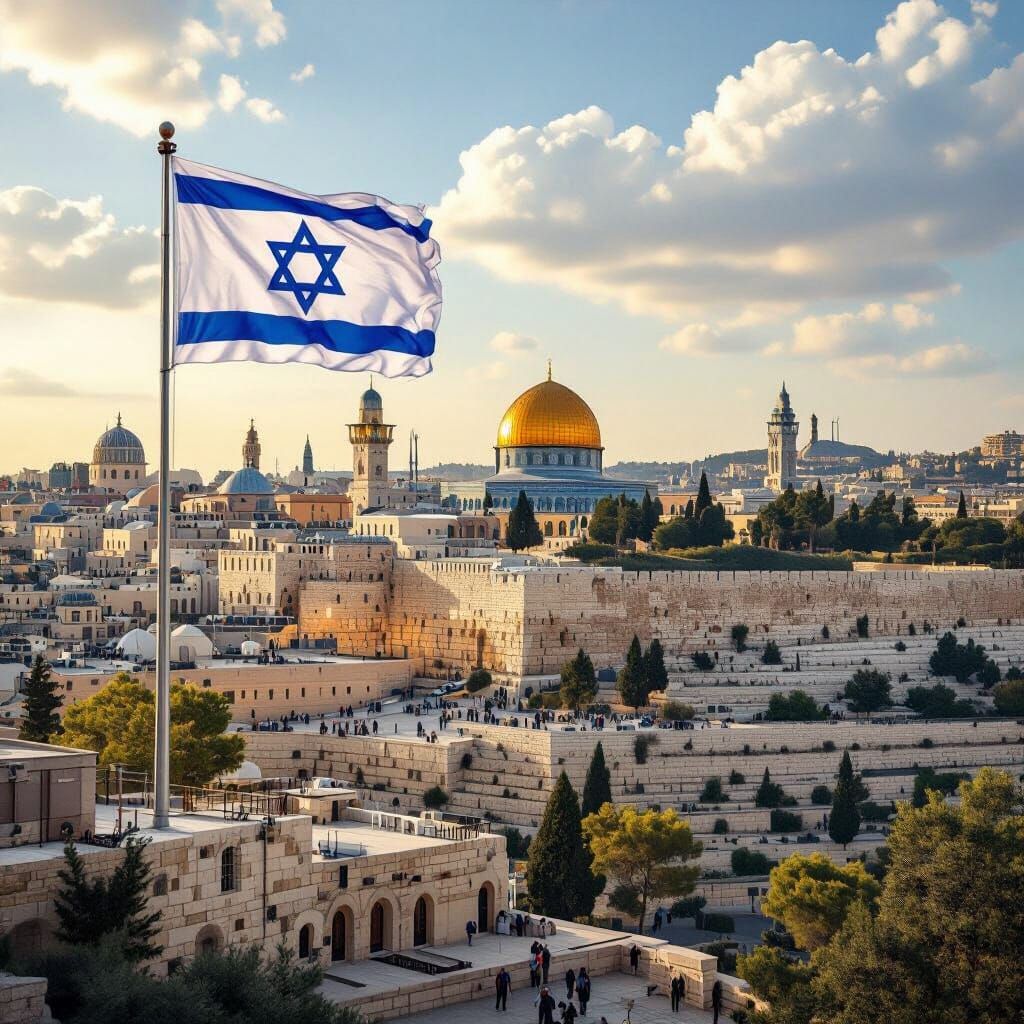 Jerusalem Cityscape with Israeli Flag, Photorealistic Style