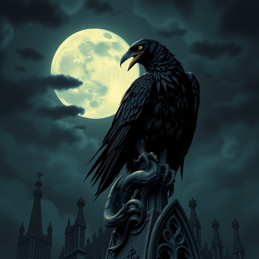 Gothic Raven on Cathedral Gargoyle in Moonlight