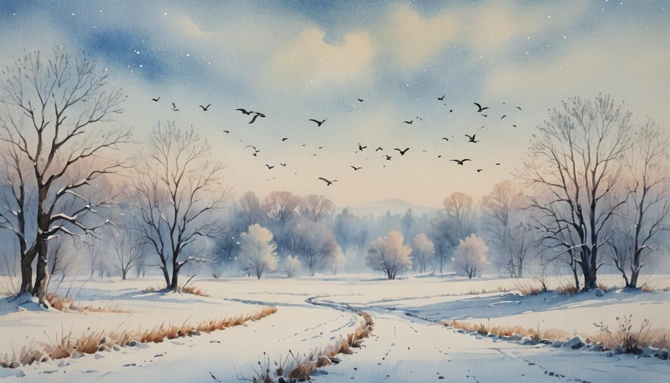 Ethereal Winter Landscape with Birds in Watercolor