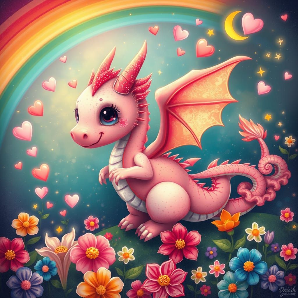 Majestic Pink Eastern Dragon in Whimsical Fantasy Land