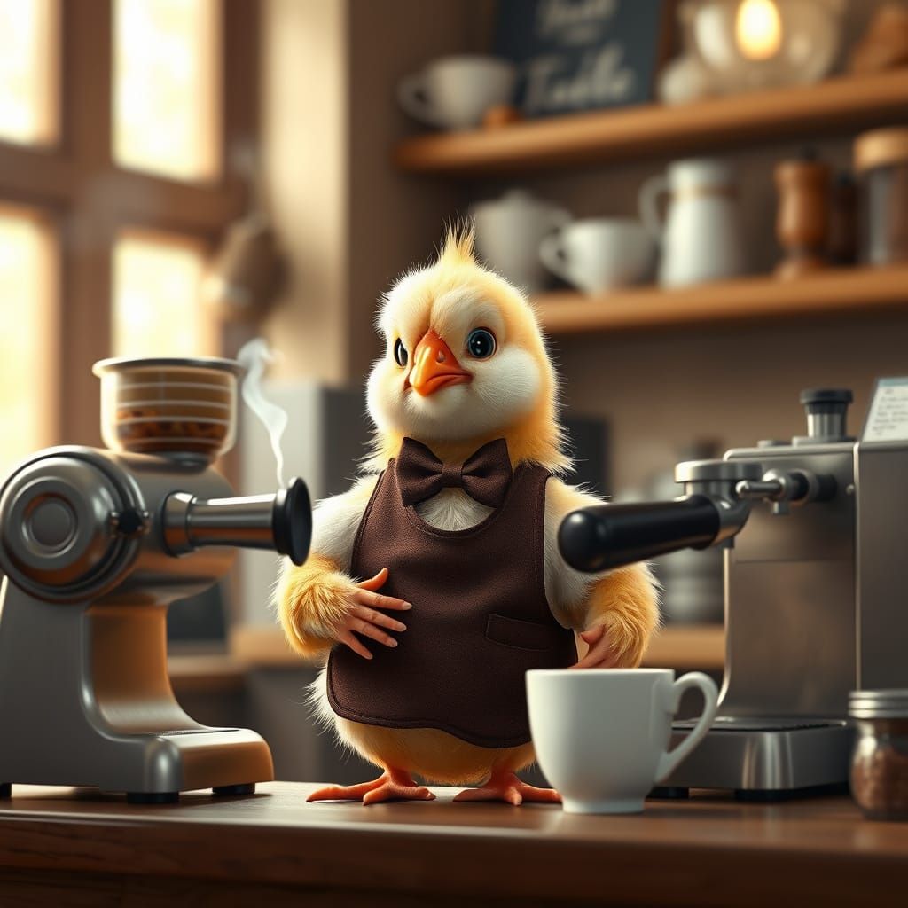 Chick Barista in Rustic Coffee Shop: Digital Painting