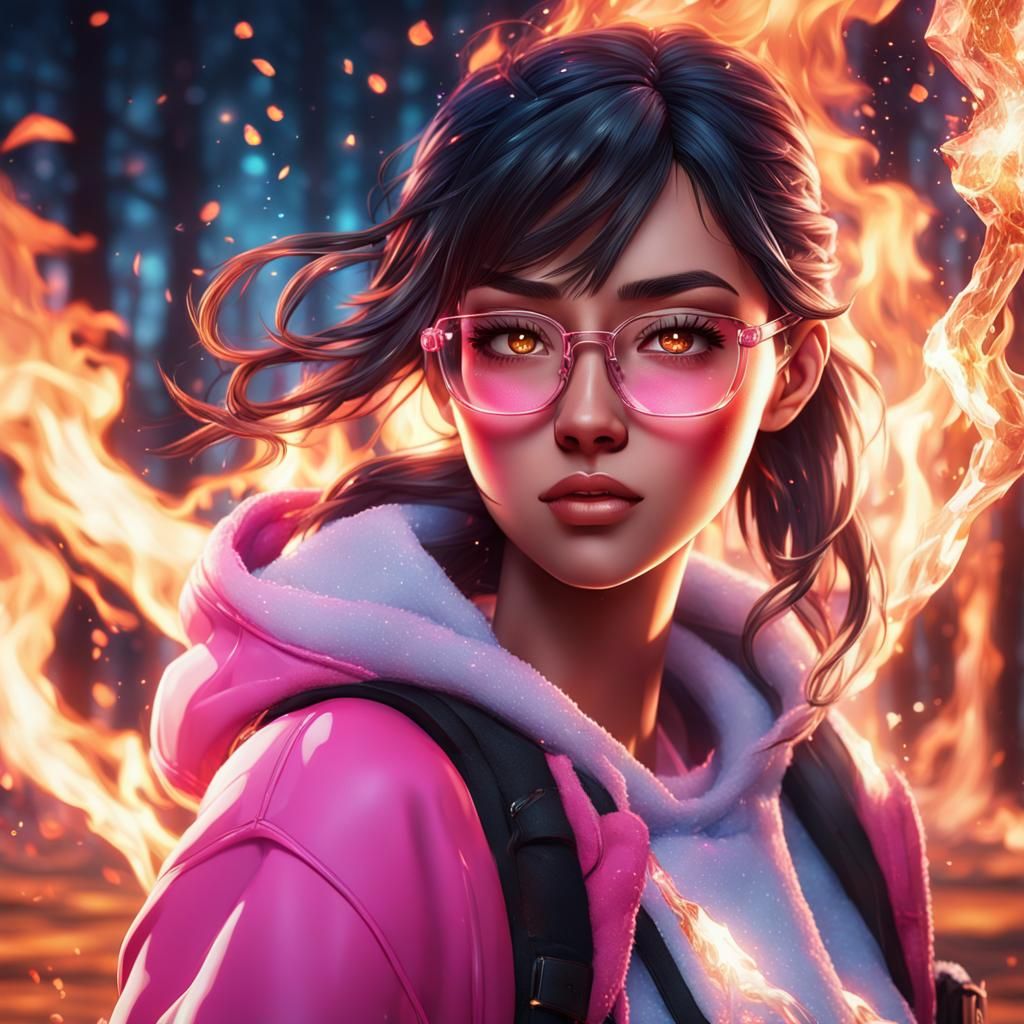 Anime Girl Controls Fire and Ice in 3D Render