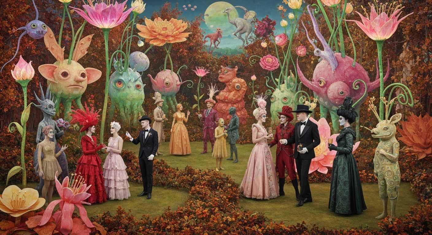 Surreal Garden Party with Bioluminescent Flowers