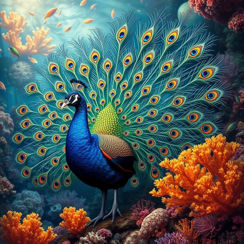 Vibrant Peacock in Coral Reef Fractal Landscape