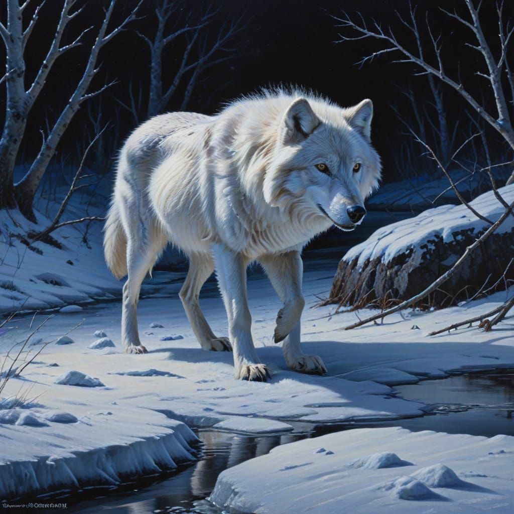 A stunning Arctic wolf stalking across the frozen tundra at ...