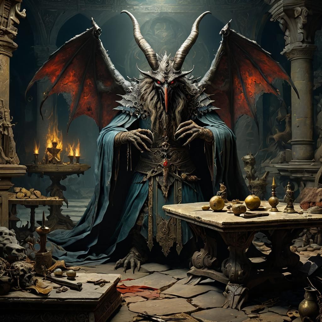 Bird-Headed Demon Guards Broken Weapons: Dark Fantasy Art