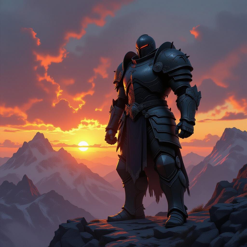 Colossal Armored Statue on Jagged Mountain Peaks