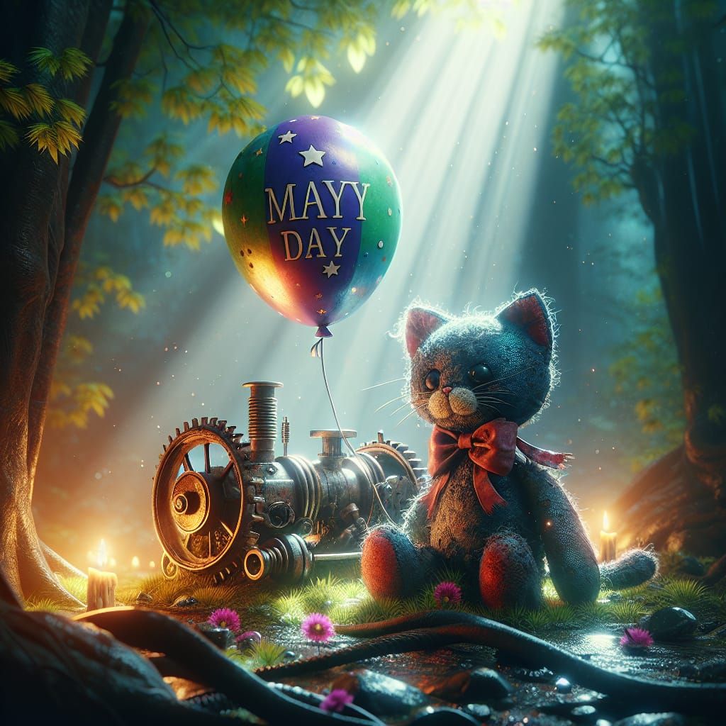 Lost Cat Toy with Balloon in Dark Forest