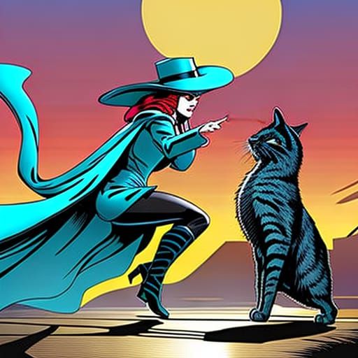 Sneaking Cat in Cape, Comic Book Art Style