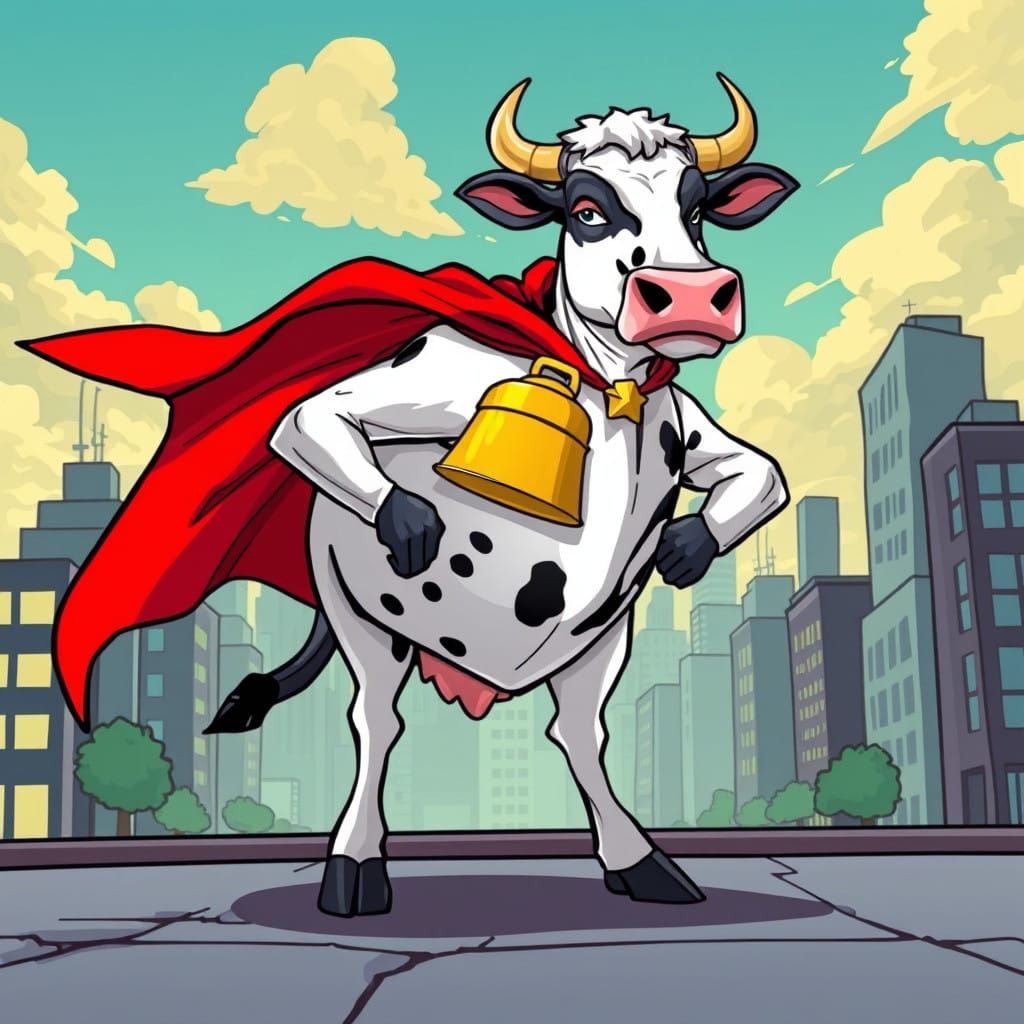 Comic Book Cow Hero Stands Tall in City