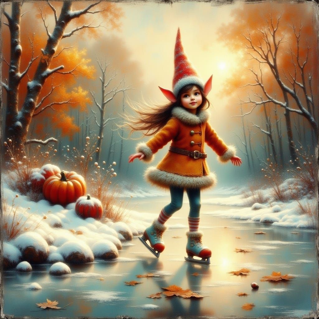Thanksgiving Elf Ice Skating in Impasto Style
