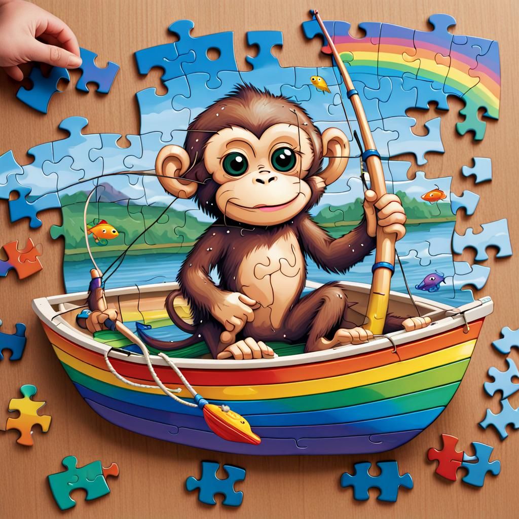 Rainbow Monkey Fishing Boat Puzzle Illustration