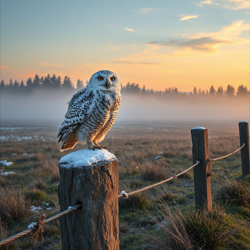 Snowy Owl in Winter Meadow, Hyperrealistic Oil Painting