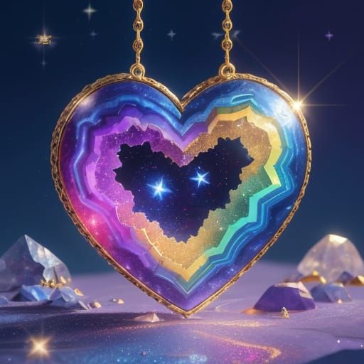 Heart Geode Pendant with Cosmic Background in Art Deco Style