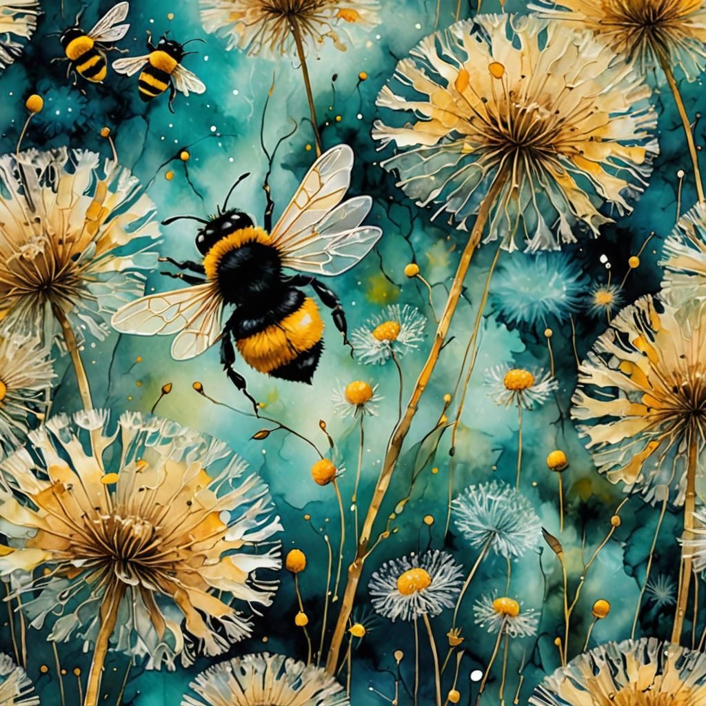 Dreamy Abstract Dandelion and Bumblebee in Alcohol Ink