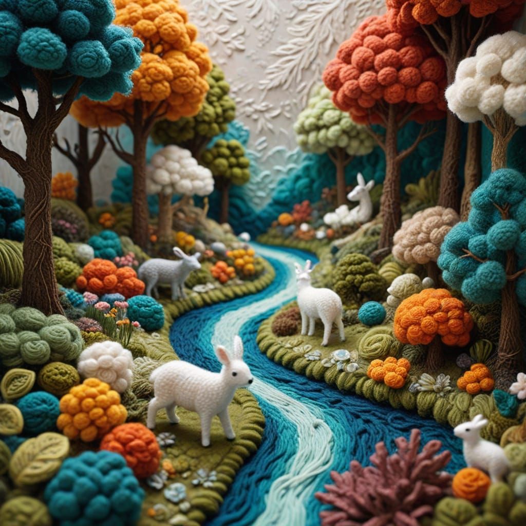 Whimsical Yarn Landscape with Fluffy Fabric Animals