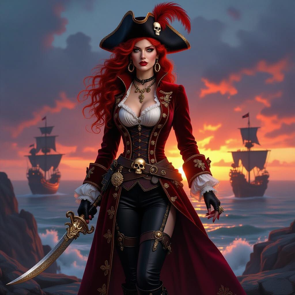 Redhead Pirate Queen on Rocky Coast as Baroque Painting