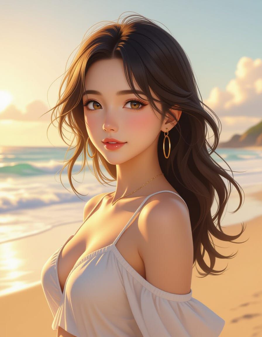 Anime Woman on Beach in Ultra-Realistic Digital Art