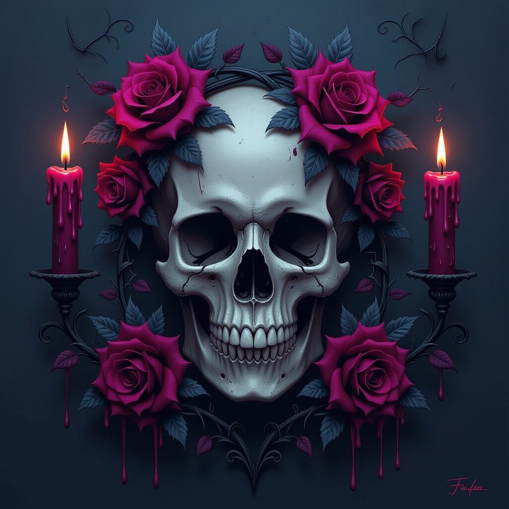 Gothic Skull with Roses and Candles in Dark Romanticism Styl...