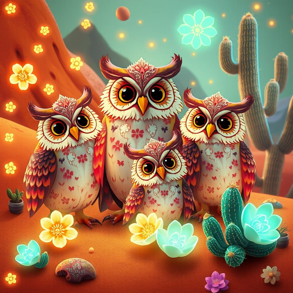 Magical Desertpunk Family Portrait of Stylized Owls with Fib...