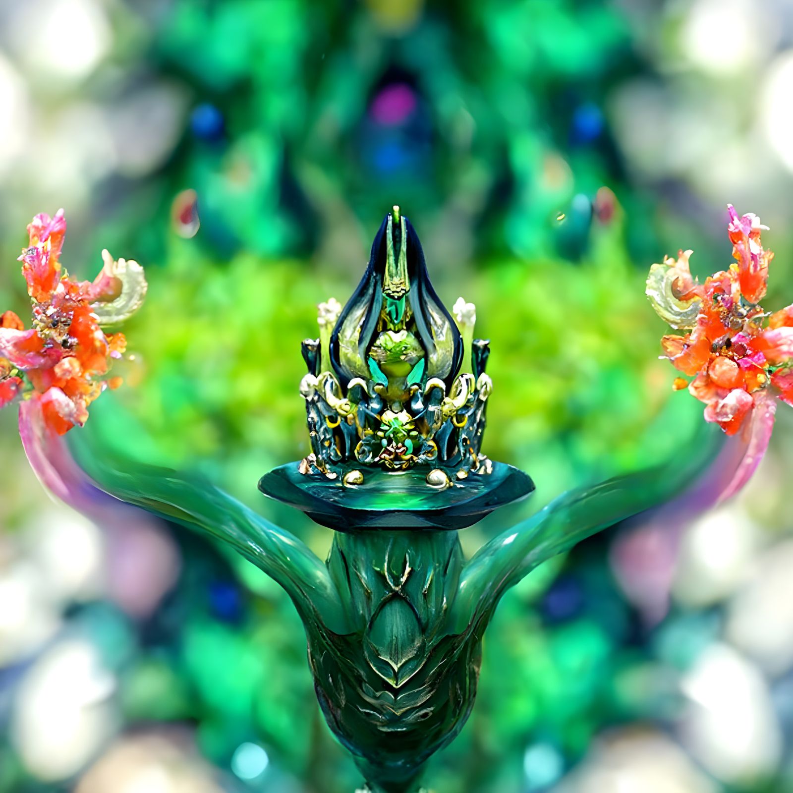 Crown of the Fey Goddess Titania sitting atop a jade statue.