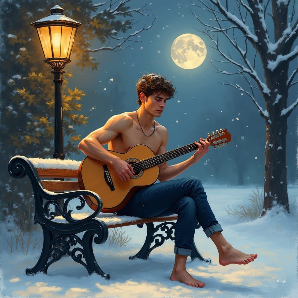 Man Playing Guitar in Cozy Winter Scene Watercolor