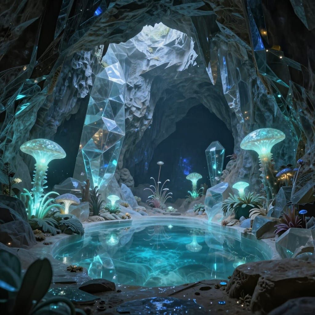 Crystal Cave with Alien Flora and Geometric Formations
