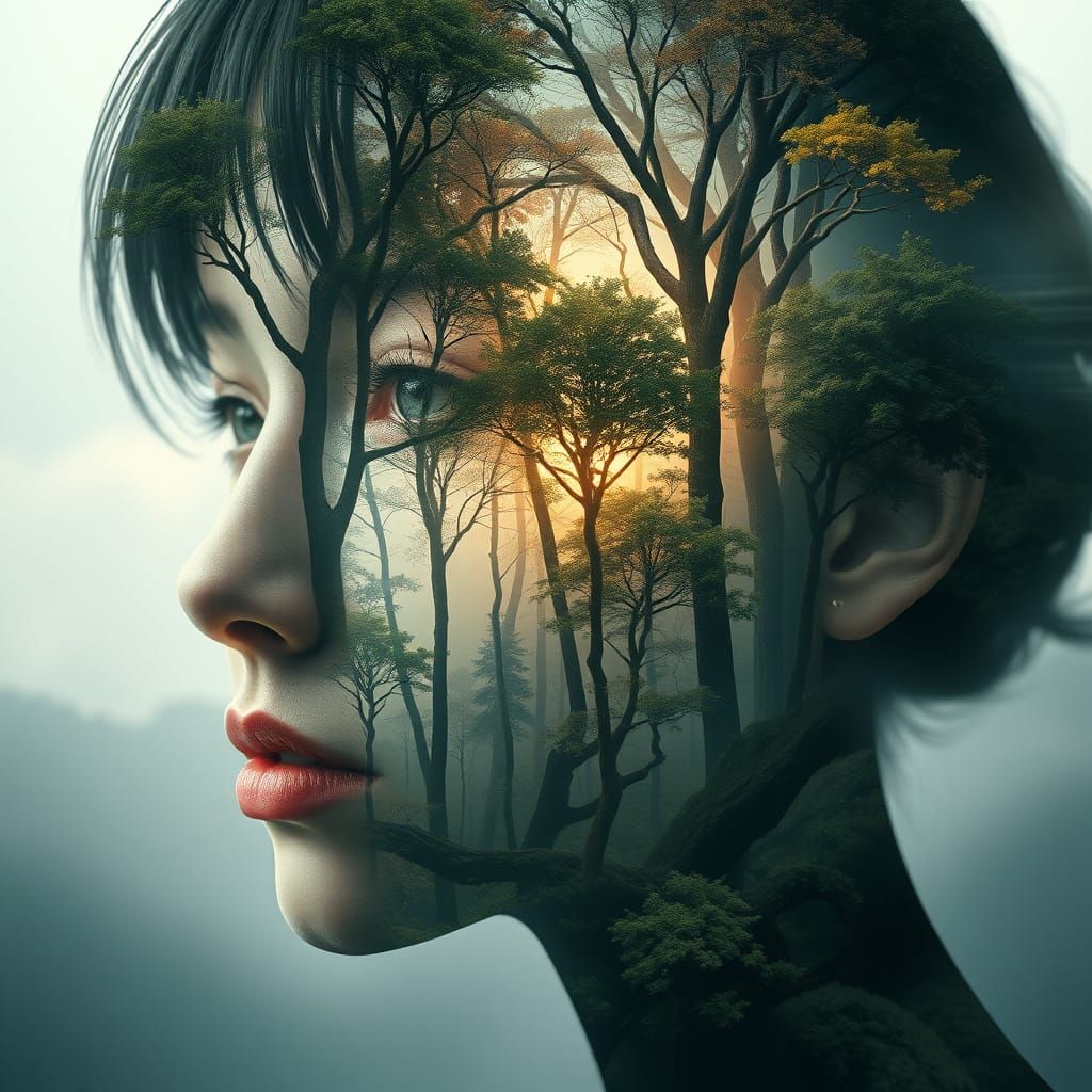 Surreal Profile Portrait Blending Forest with Facial Feature...