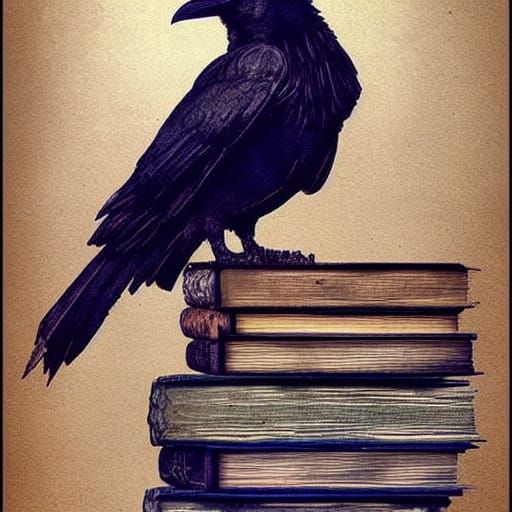 Gothic Raven on Books with Steampunk Instruments