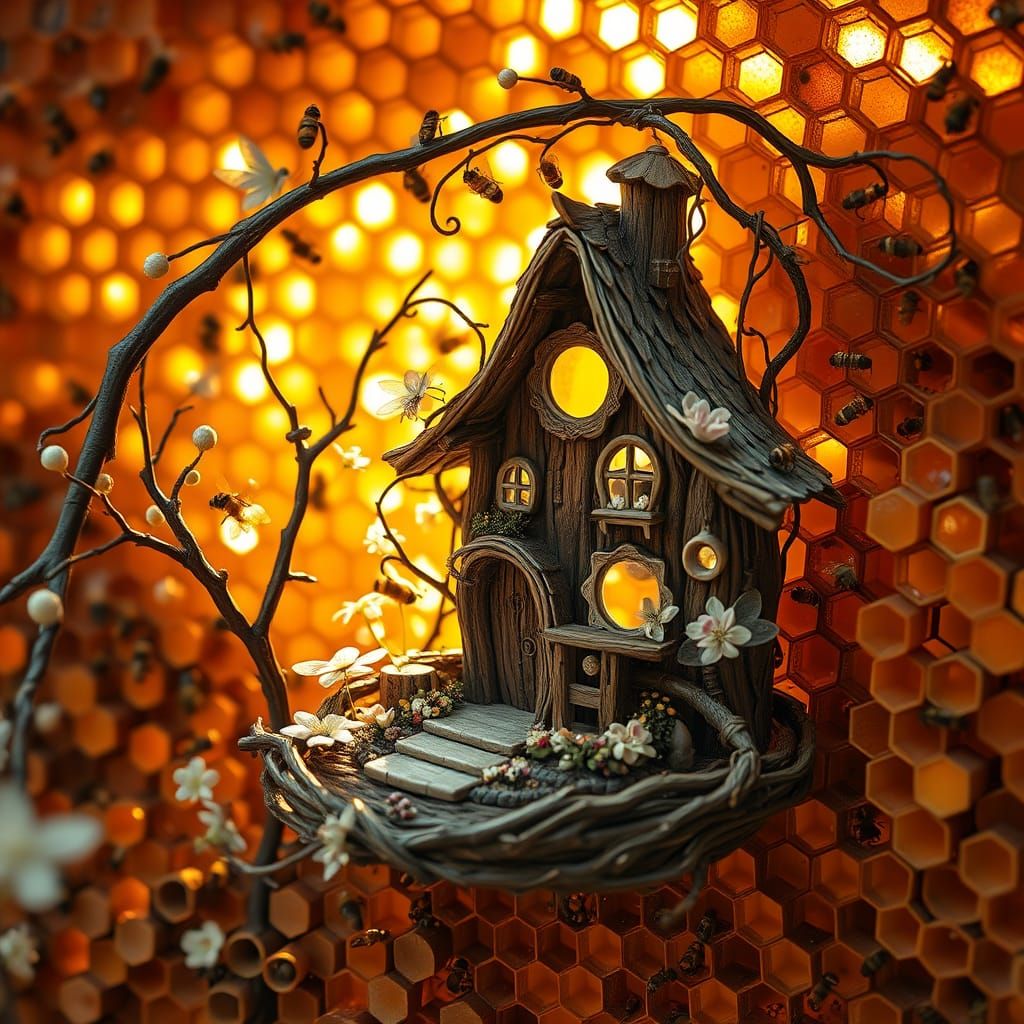Whimsical Fairy House in a Thriving Beehive