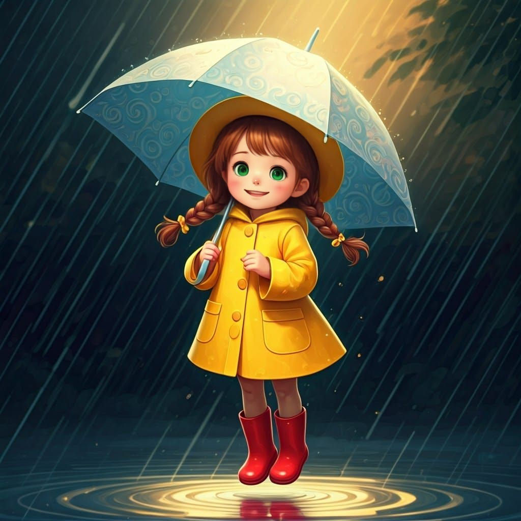 Enchanted Girl Rides Rainy Skies in Vibrant Colors
