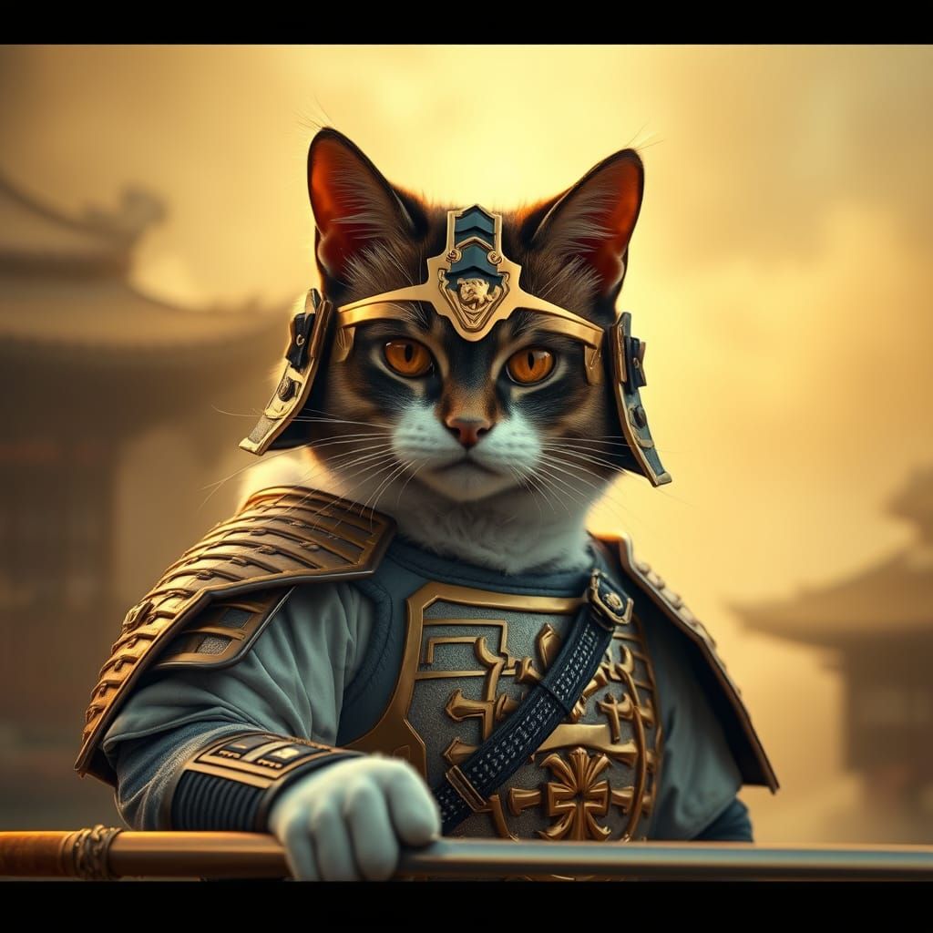 Miyamoto Migato: Regal Samurai Cat in Golden Armor