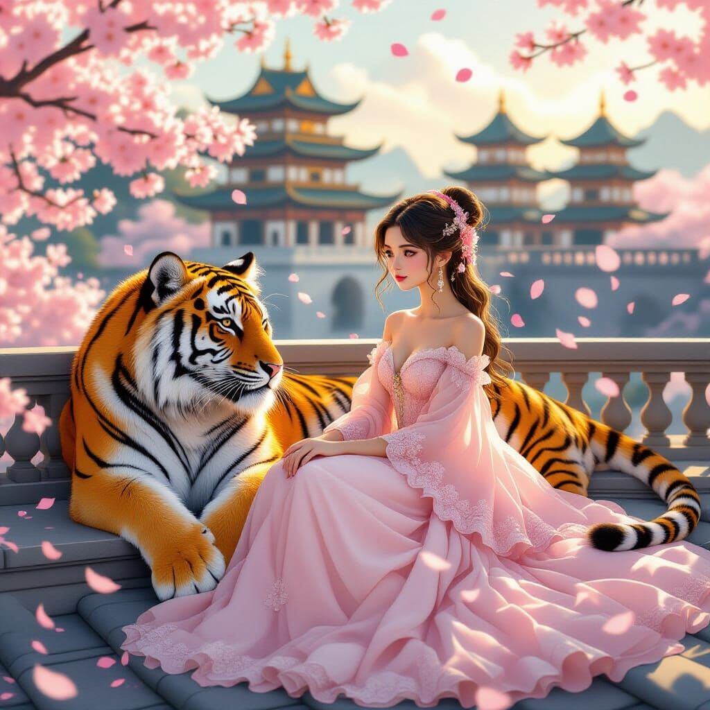 Girl and Tiger on Palace Roof in Anime Style
