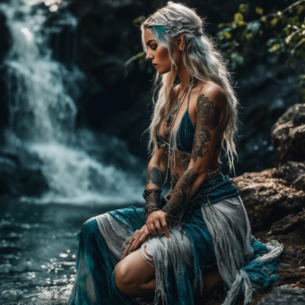 A beautiful lady sitting by a lagoon waterfall