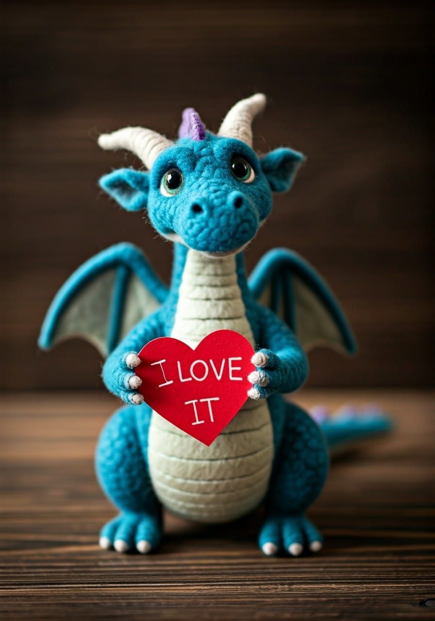 Cute Wool Dragon Holding Heart Card in Perfect Hand