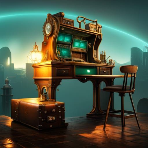 Steampunk Computer Desk in Detailed Digital Art